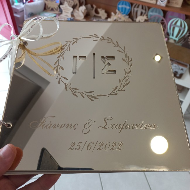 Βιβλίο ευχών γάμου κλαδί ελιάς σε χρυσό καθρέπτη