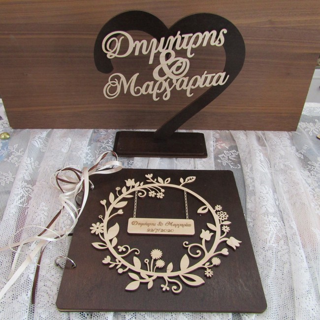 Βιβλίο ευχών γάμου ξύλινο τρισδιάστατο floral