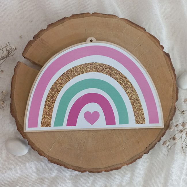 Ξύλινο προσκλητήριο βάπτισης 2 όψεων με θέμα Ουράνιο τόξο