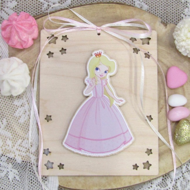 Ξύλινο 3D προσκλητήριο βάπτισης καδράκι 2 όψεων με θέμα "Πριγκίπισσα" 