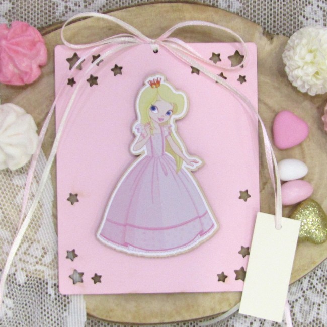 Ξύλινο 3D προσκλητήριο βάπτισης καδράκι 2 όψεων με θέμα "Πριγκίπισσα" 