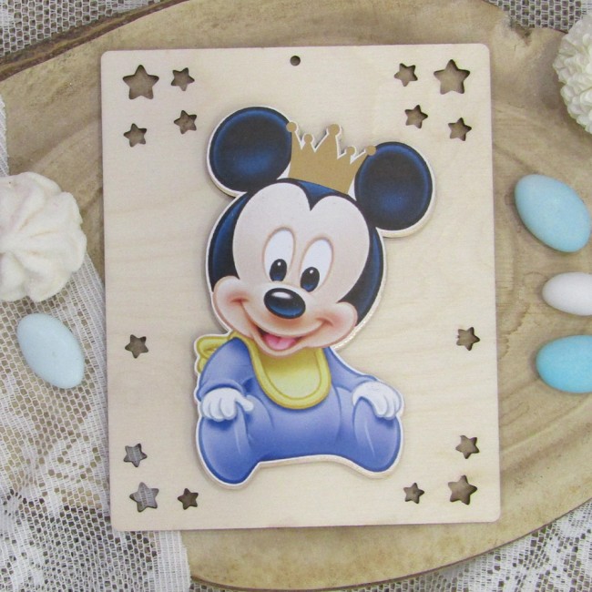 Ξύλινο 3D προσκλητήριο βάπτισης καδράκι 2 όψεων με θέμα "΄Μίκυ" 