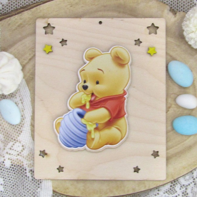 Ξύλινο 3D προσκλητήριο βάπτισης καδράκι 2 όψεων με θέμα "Winnie" 