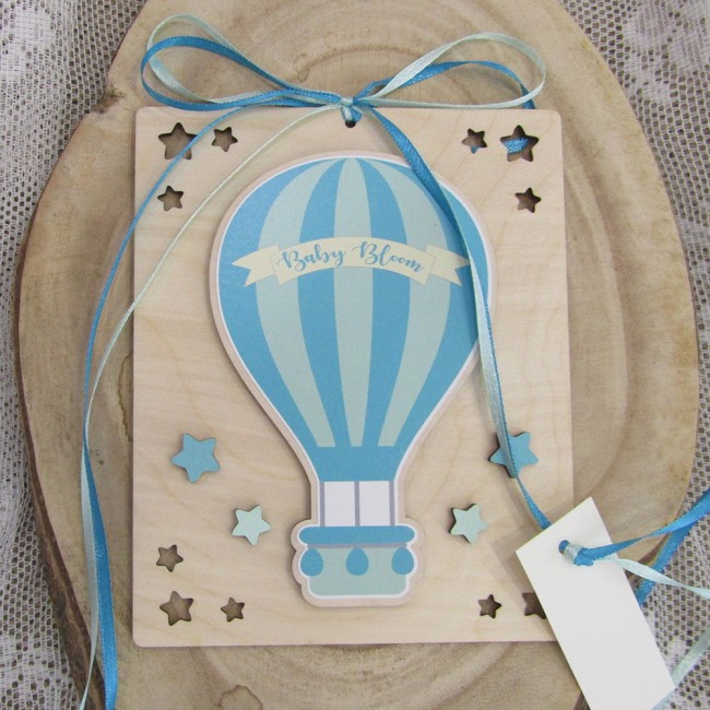 Ξύλινο 3D προσκλητήριο βάπτισης καδράκι 2 όψεων με θέμα "Αερόστατο" με ψηφιακή εκτύπωση - 2