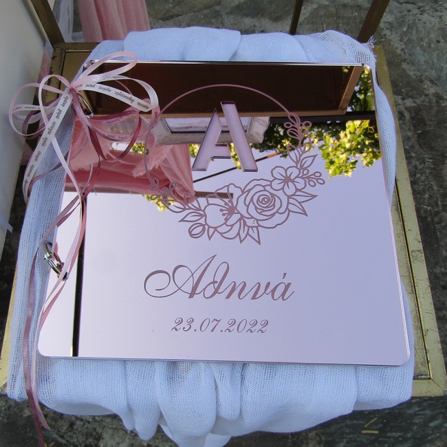 Βιβλίο ευχών βάπτισης floral σε ροζ/χρυσό καθρέπτη