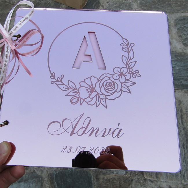 Βιβλίο ευχών βάπτισης floral σε ροζ/χρυσό καθρέπτη