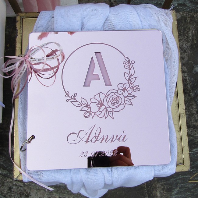 Βιβλίο ευχών βάπτισης floral σε ροζ/χρυσό καθρέπτη