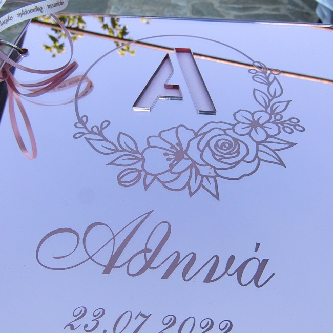 Βιβλίο ευχών βάπτισης floral σε ροζ/χρυσό καθρέπτη