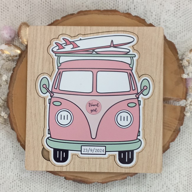 Ξύλινο προσκλητήριο βάπτισης πάζλ Van retro car aloha surf Ξύλινο προσκλητήριο βάπτισης πάζλ Van retro car aloha surf
