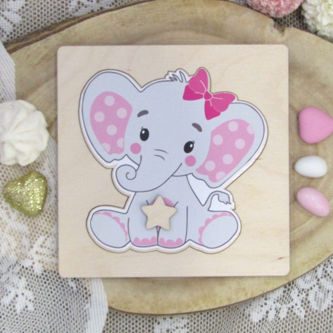 Ξύλινο προσκλητήριο πάζλ "Ελεφαντάκι" κοριτσάκι 