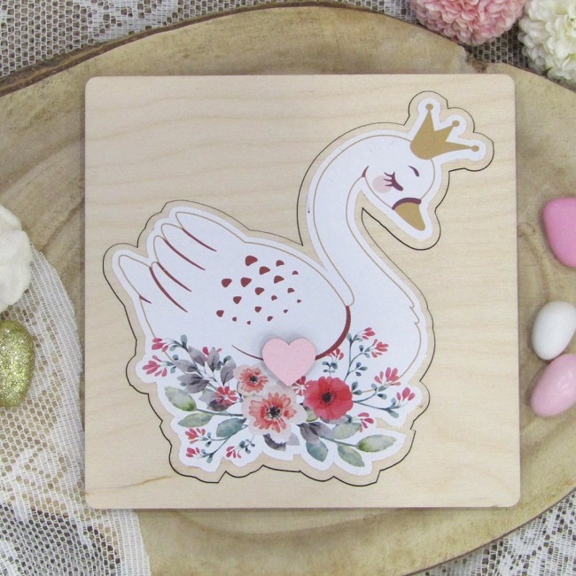 Ξύλινο προσκλητήριο βάπτισης πάζλ Κύκνος 