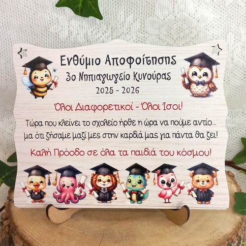 Ξύλινο Σχολικό Αναμνηστικό Ενθύμιο Αποφοίτησης Ζωάκια και κείμενο